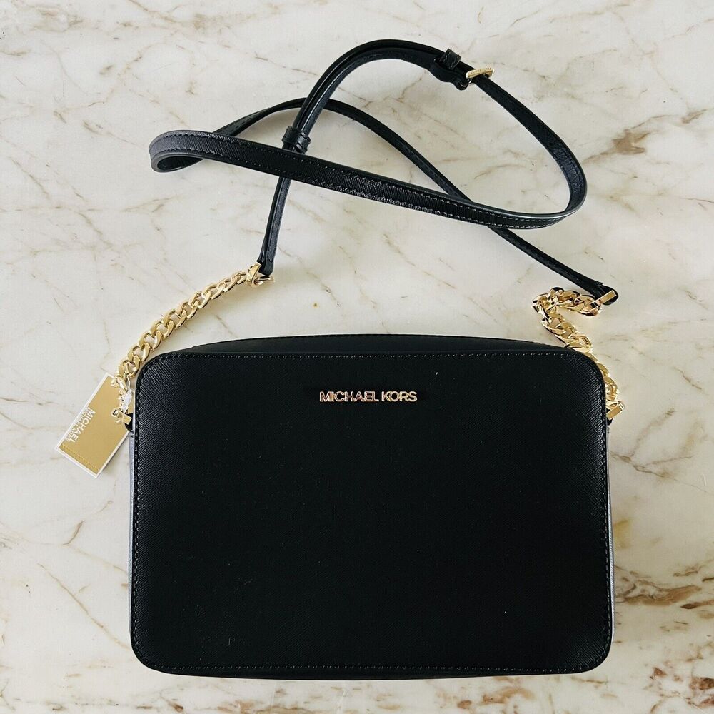 MICHAEL KORS Jet Set Item Black Leather Zip Chain East West Crossbody Bag
